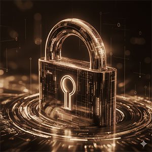 A glowing, high-tech digital padlock in gold and bronze tones, featuring a neon keyhole and circuit-board patterns, set against a dark background with data-stream effects.